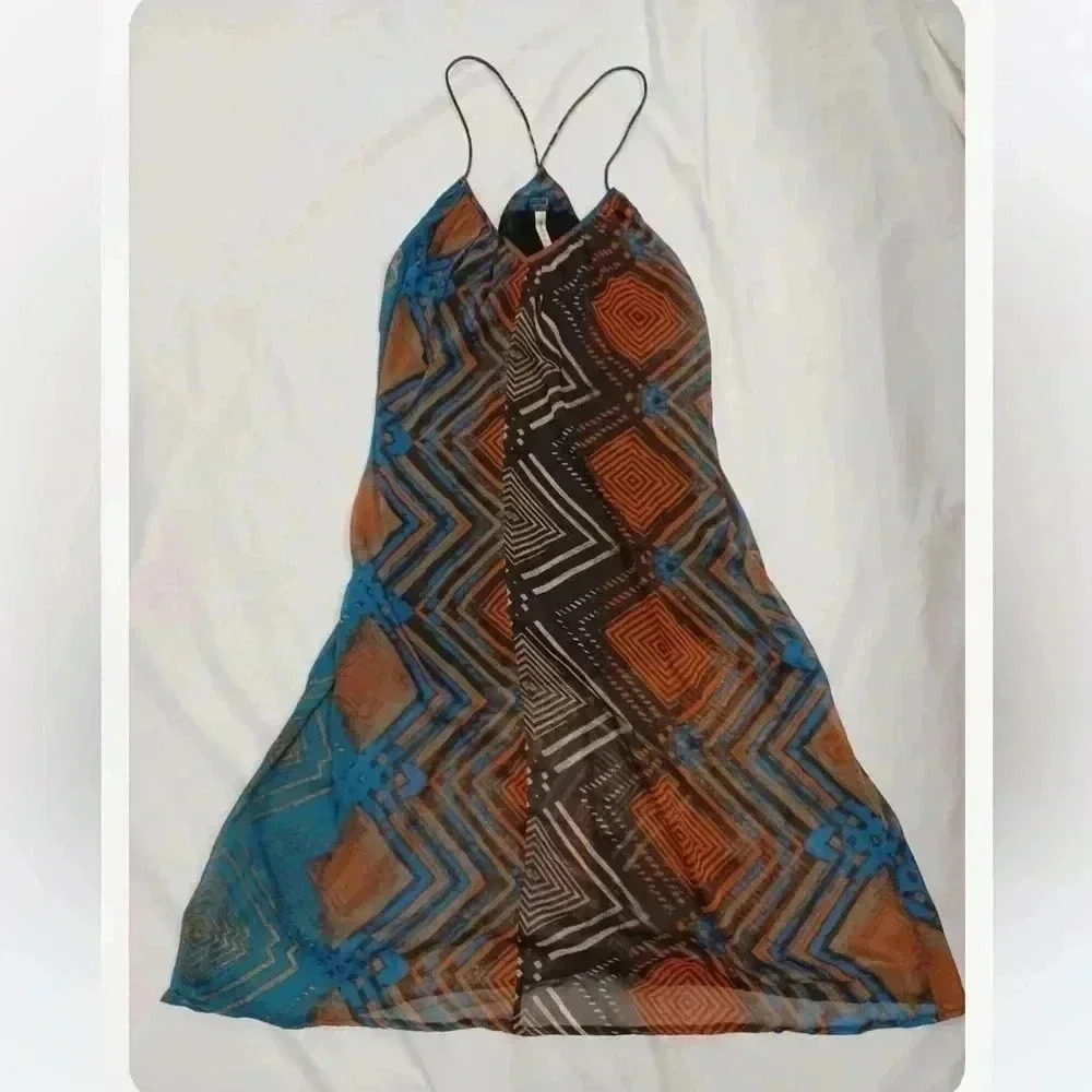 RVCA Maxi Multicolour Geometric Boho Flowy Spaghetti Strap Dress Size Medium - Picture 10 of 10
